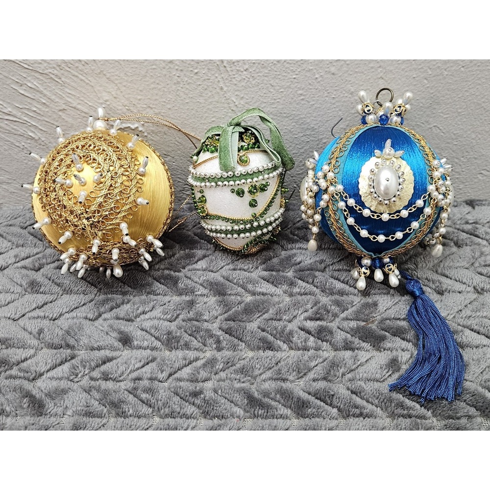 Vintage DISTASIO Satin Push Pin Beaded Pearl Blue Christmas Ornament Three Total